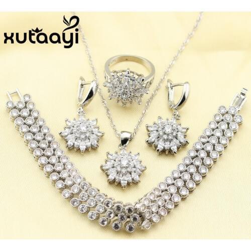 XUTAAYI Flower White Cubic Zirconi Silver Color Jewelry Sets For Women Stud Earring Bracelet Ring Necklace Pendant Free Gift Box