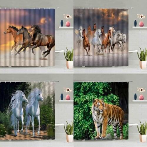 Wild Animals Shower Curtain Running Horse Tiger Wolf Forest Ocean Desert Landscape Bathtub Decoration Screen Washable With Hooks