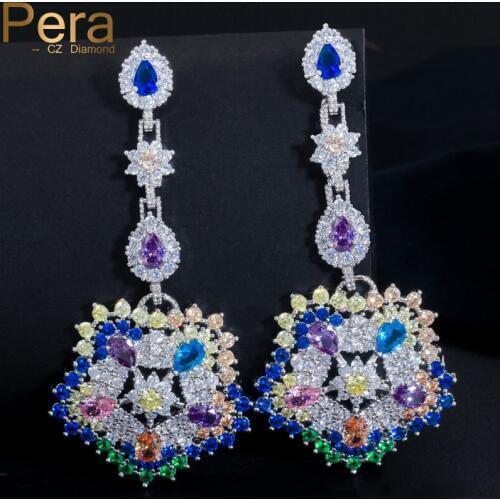 Pera Silver Color Bohemian Ethnic Big Sun Flower Multi- Colored Cubic Zirconia Stone Long Drop Earrings Jewelry For Women E183