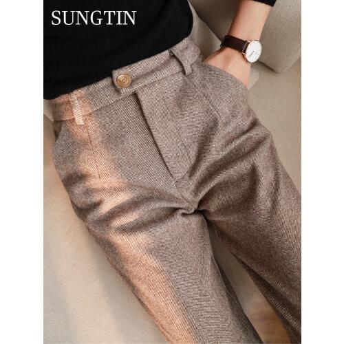 Sungtin Woolen Pants Women Plus Size Casual High Waist Office Lady Harem Pants High Quality Loose Straight Trousers Korean Chic