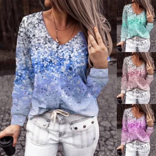 Womens Spotted Print Tops V-neck Large Size Long Sleeve Loose T-shirt Autumn Casual Pullover Ladies Blouses Camisetas Mujer