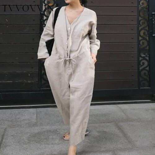 TVVOVVIN Solid Color Double V-neck Drawstring Waist Cotton Linen Plus Woman Jumpsuit Personality Fashion 2020 Spring New APBW