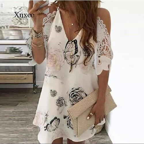 Sexy V Neck Floral Print Party Dress Women Elegant Off Shoulder Lace Beach Mini Dress Casual Short Sleeve A-Line Dress Vestidos