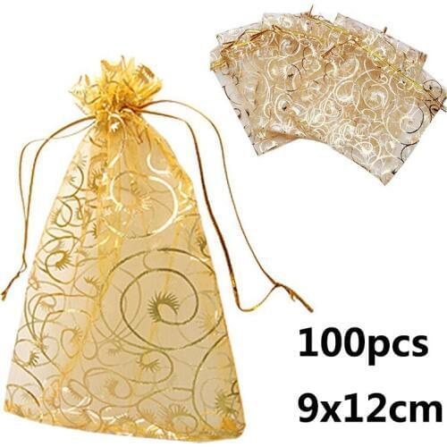 100pcs/lot Organza Bags Coralline Custom Jewelry Tea Packaging Bags Organza Wedding Yellow Gift Bags DIY 9x12cm