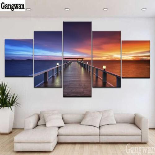 5 pcs Diamond Embroidery Beautiful Sunset Bridge Natural Scenery Lake Pictures 5D DIY Diamond Painting Mosaic Cross Stitch decor