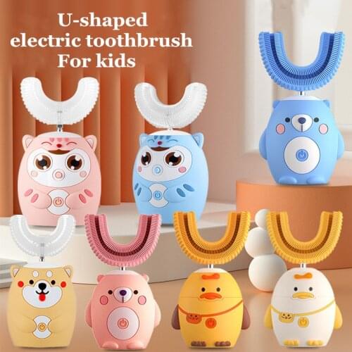 Childrens Electric Toothbrush U-shaped 360° Automatic Sonic Tooth Brush Cartoon Pattern for Kids With Mouthpiece Blue Light