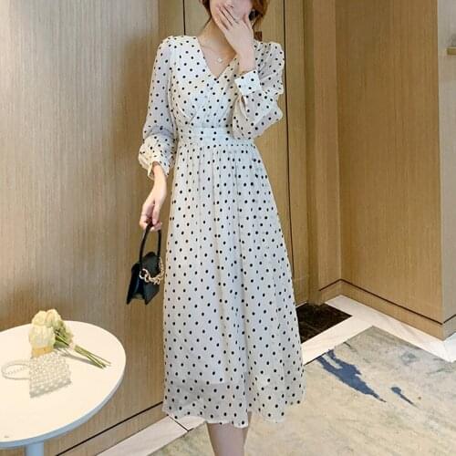 Elegant Dot Long Dress Women Korean Fashion Chic V-neck Long Sleeve Dress Vintage Casual Y2K Evening Party Dress 2021 Autumn New