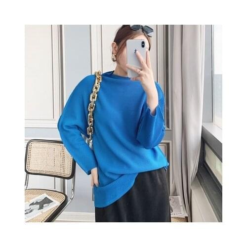 HOT SELLING Miyake fashion fold three quarter new sexy solid stand loose T-shirt women IN STOCK