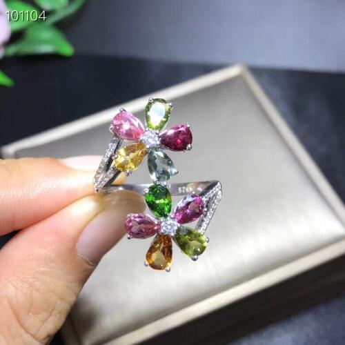 Natural tourmaline flower ring, 925 silver, colorful colors, good quality, individual style