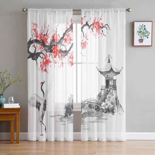 Crane Plum Tree Pavilion Ink Chinese Style Curtains Tulle For Living Room Bedroom Kitchen Chiffon Sheer Window Treatment Decor