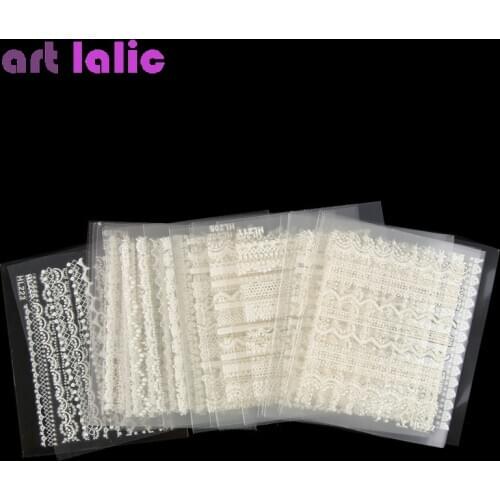 30Pcs French Style Lace Flower Nail Art Tips Stickers 3D Decals Decoration Adhesive Black White Fingernails DIY Beauty Manicure