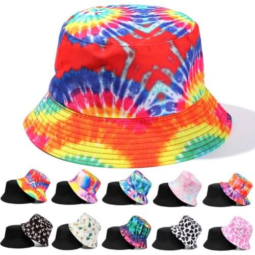 Spring New Bucket Tie Dye Fisherman Hats Reversible Double-Side-Wear Hat Avocado Zebra Cow Print Packable Sun Hat Hot Sale