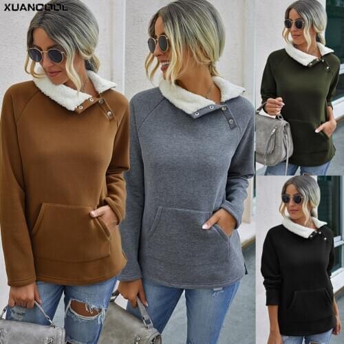 XUANCOOL 2020 Autumn Women Sweatshirt Black/Army/Gray/Khaki 4 Solid Colors Long Sleeve Pocket Stitching Irregular Clothes S-XL