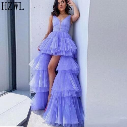 Lavender Slit Tiered Tulle Prom Dresses V-Neck African Wedding Reception High-Lo Formal Evening Dresses for Party vestidos