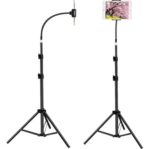 Height Adjustable Tablet Tripod Stand with Flexible Gooseneck Arm, Foldable Phone Floor Holder for iPhone iPad Air Pro 4-13 inch