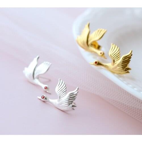 Authentic 925 Sterling Silver Earstuds Fashion 18K Gold Plated Swan Geese Earrings Handmade Creativ Women Jewelry Gift