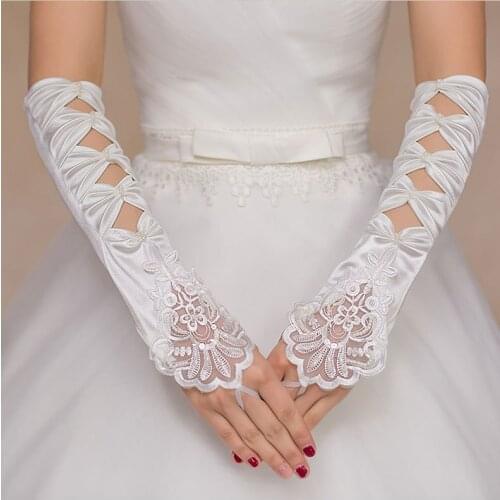 Wedding Flower Girls Communion Pageant Costume Long Eblow Satin Gloves with Lace and Beads