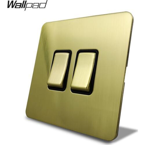Wallpad Satin Gold 2 Gang 1 Way or 2 Way Electric Wall Light Rocker Switch Brushed Brass Stainless Steel Panel Metal Button