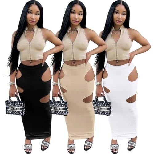Side Hollow Out Slim-Fit Midi Skirts Women Dresses 2021 Hot Recommend Style High Waist Sheath Sexy Holiday Party Skirts
