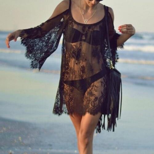 Womens Bikini Cover Up Tops Loose Warp Suspender Hollow Lace Off Shoulder Beach Sexy Dress Crop Tops Cover-Ups Summer Swimwear