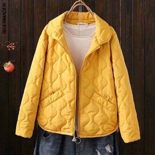 Women Clothing Parka Plus Size Autumn Winter Thin Argyle Cotton-Padded Jacket Warm Simple Slim Buttons Split Short Coat