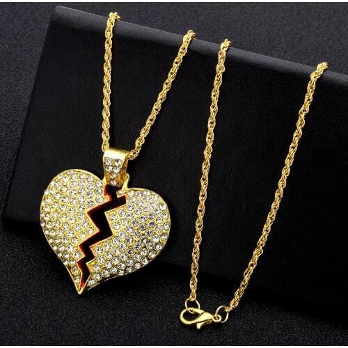 Fashion Women Broken Heart Iced Out Chain Pendant Necklace Statement Gold Color Cubic Zircon Necklaces Hip Hop Mens Jewelry