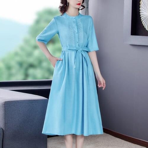 New Vintage Style Summer Womens Dress Embroidery O-neck Casual Loose Fashion Cotton Linen Office Elegant Ladies Dresses