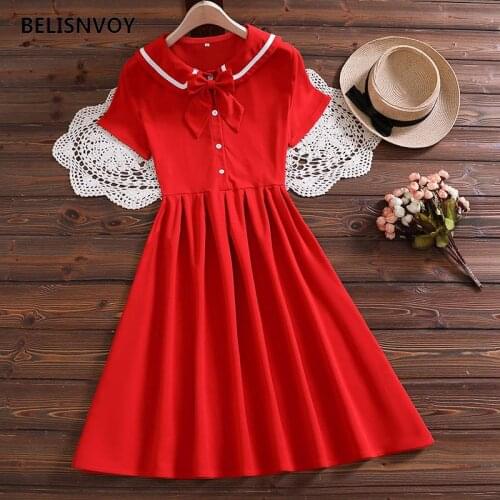 2021 New Summer Women Pleated Red Dress Sailor Collar With Bow Short Sleeve Collage Dress Cute Kawaii A-Line Sundress For Girls