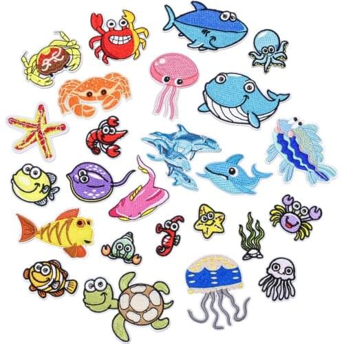 25pcs Cartoon Embroidery Patches Set Marine Life Cloth Stickers Bulk DIY Appliques for Sewing Clothes Home Textiles Iron Ons