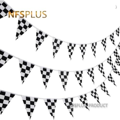 38PCS Tri-angle Checkered Flag F1 Racing Auto Sport 14x21cm Polyester Chequered Printed 10M Decorative Hanging Flags and Banners