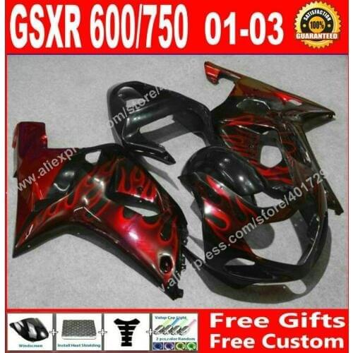 Free custom Fairings for black red flames 2001 2002 2003 SUZUKI GSXR 600 750 motocycle parts 01 02 03 fairing set 7 gift LF89