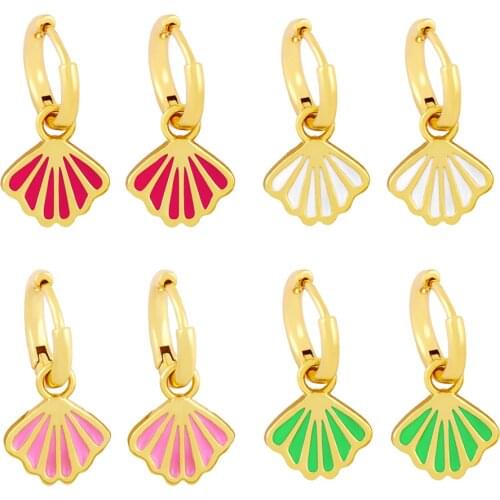 EYIKA Trendy Multicolor Enamel Copper Small Shell Fan Shape Hoop Earrings for Women Neon Green Gold Aros Mujer Jewelry Gift