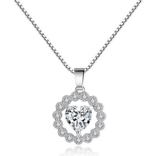 Hainon New Fashion Mini Heart Necklaces Pendant Clear Crystals For Women Girls Gift Silver Color Flower Shape Pendant Chain
