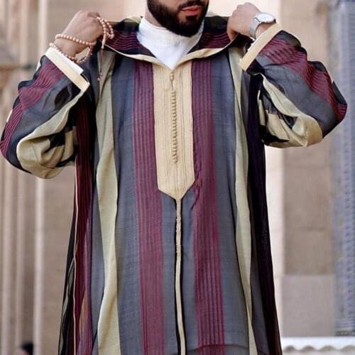 Islamic Kaftan Muslim Robes Men New Casual Striped Print Long Sleeve Loose Robe Fashion Mens Patchwork Lapel Robes Arabia Thobe