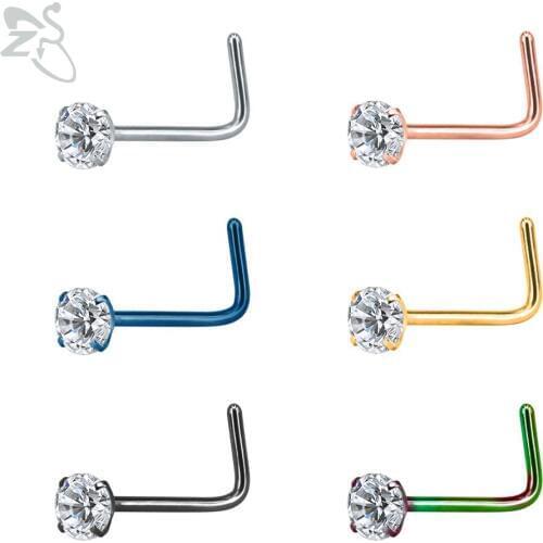 ZS 6 pcs/lot 20G Nose Ring Round Crystal Nose Piercing Stainless Steel Nose Ring Nariz Piercing Nostril L-shape Nose Stud Anillo