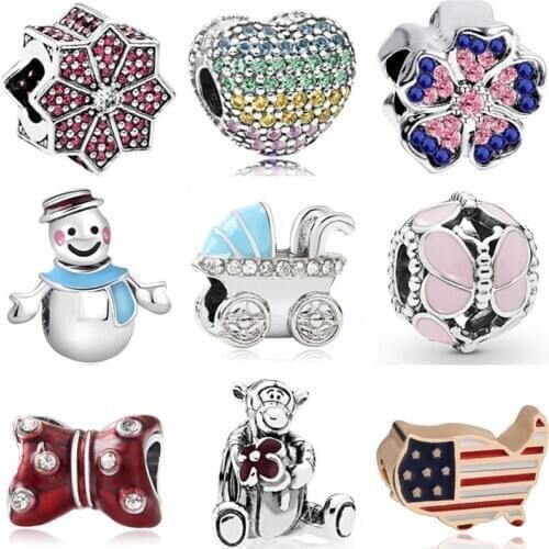Colorful Cute Rabbit Snowman Map Flowers Crystal Beads Charms Fit Pandora Bracelets DIY Trinket for Women Accessories
