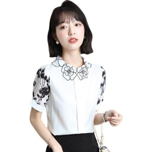 Summer Fashion Womens Tops Doll Collar Short Sleeve Shirts Korean Casual Printed Tops Blusas Mujer De Moda Verano Elegantes