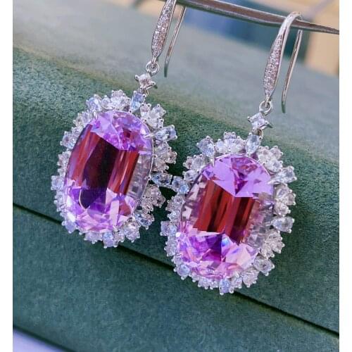 LR Jewelry Solid 18K Gold Nature Kunzite 35ct Gemstones White Sapphires Female Drop Earrings for Women Fine Earrings