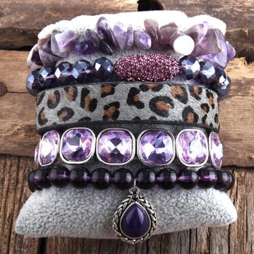 MD Fashion Boho leopard Leather Bracelet Set 5pc Handmade Stone /Glass Female Femme Bracelets Sets For Jewelry Gift DropShipping