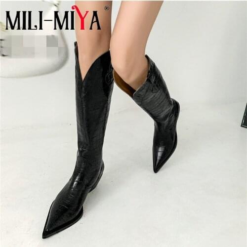 MILI-MIYA Block Heel Woman Western Knee High Boots Elegant Sexy Pointed Toe Spring Autumn Handmade Cow Leather Solid Color Shoes