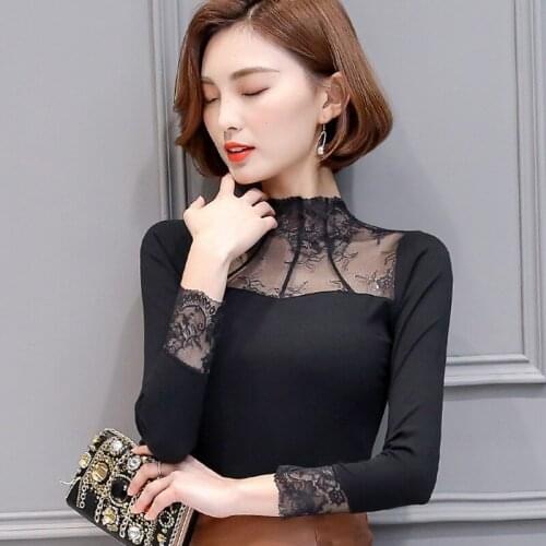 Spring Fall Fashion Woman Lace Patchwork Turtleneck Black Long Sleeve Shirt , Slim 4XL Stretch Knitted Casual Shirts For Women