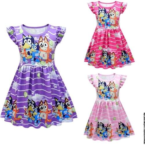 Cartoon bingo bluey costume flying sleeve girls skirt milk ice silk pajamas dress princess dress for party school