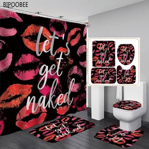 Red Lip Print Bathroom Curtain Set Modern Shower Curtains Toilet Cover Non-slip Mat Carpet Bath Screen with Hooks Home Decor
