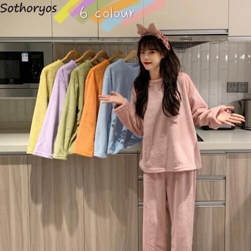 Solid Women Pajama Sets Korean Style Comfortable O-neck Fashion Leisure Outwear Colorful Homewear Elegant Spring Thicker Chic