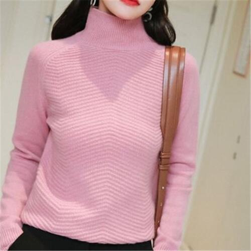High grade pure goat cashmere solid knit women korean style turtleneck slim pullover sweater black 4color S-3XL