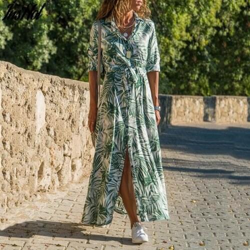 2021 Summer Maxi Dresses Women Beach Sash Buttons Chiffon Floral A-Line Tunic Shirt Long Vacation Boho Dress Woman