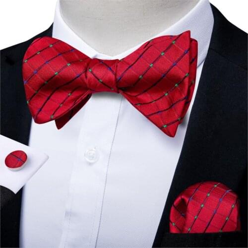 Adjustable Bowties Self Bow Tie Mens Silk Christmas Men Red Striped Wedding Party Bow Ties Pocket Square Cufflinks Set DiBanGu
