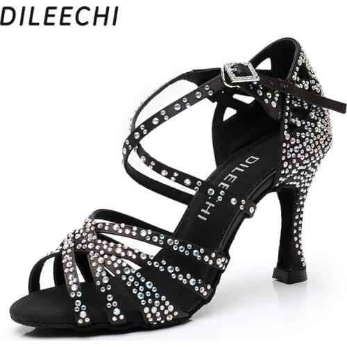DILEECHI women shoes Party shoes latin dance shoes black shoes for women salsa dance shoes skin satin cuban heel 9cm soft sole