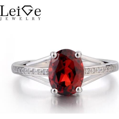 Leige Jewelry Natural Garnet Ring Oval Cut Red Gemstone Birthstone Wedding Ring 925 Solid Sterling Silver Ring Jewelry for Women