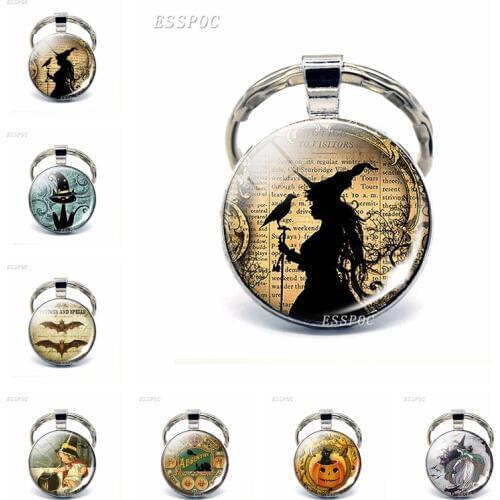 Witch and Raven Trick or Treat Jewelry Samhain Halloween Glass Cabochon Dome Keychain Metal Key Rings Best Fashion Gift